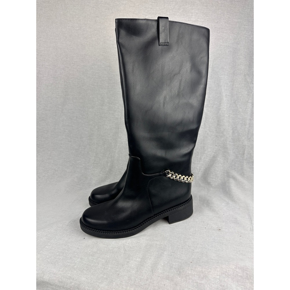 A New Day Womens Black Tall Boots‎ Gold Chain Detail Round Toe Size 9.5 NEW